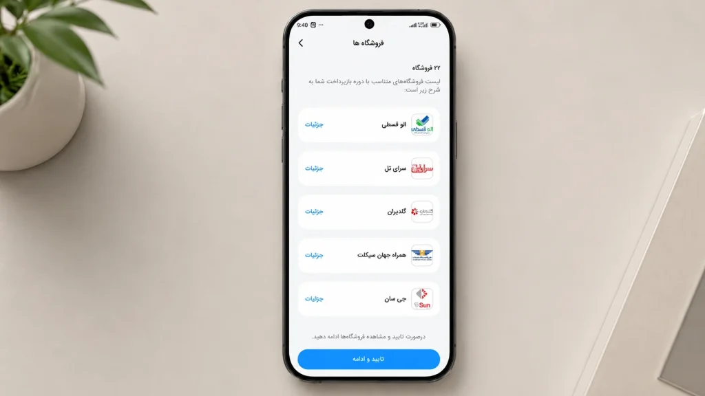 صفحه انتخاب فروشگاه و نمایش نام الوقسطی در فهرست پذیرندگان.