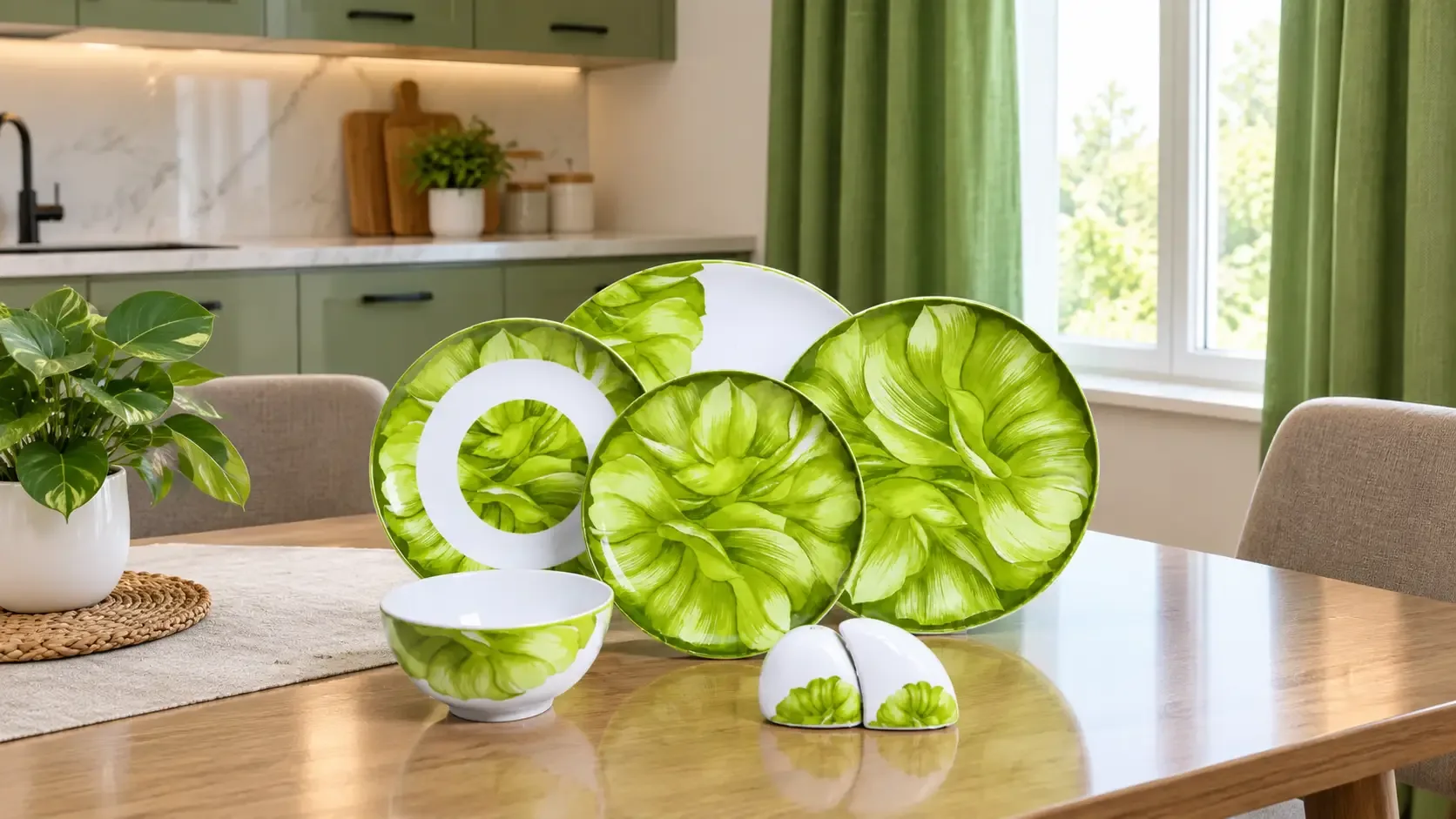 سرویس 6 نفره چینی پرسل گل برجسته bone china گل سبز 27 پارچه کد 90118-GRE
