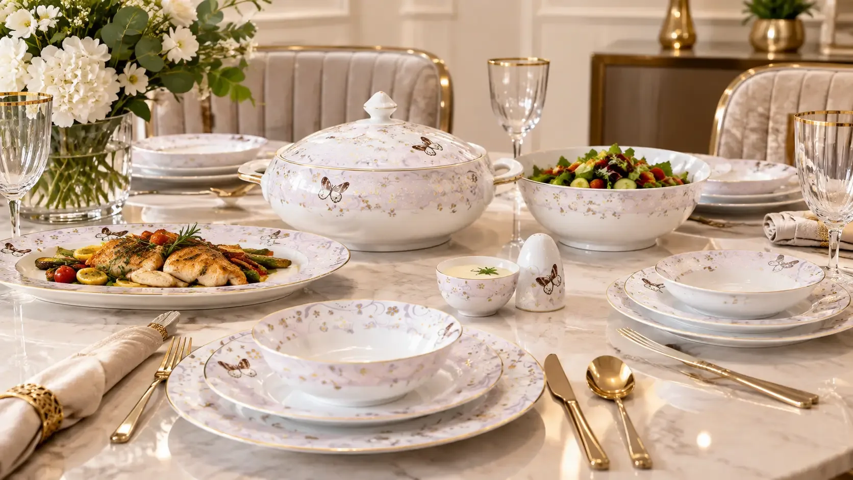 سرویس 6 نفره چینی پرسل bone china گل طلایی 27 پارچه کد 90116-P