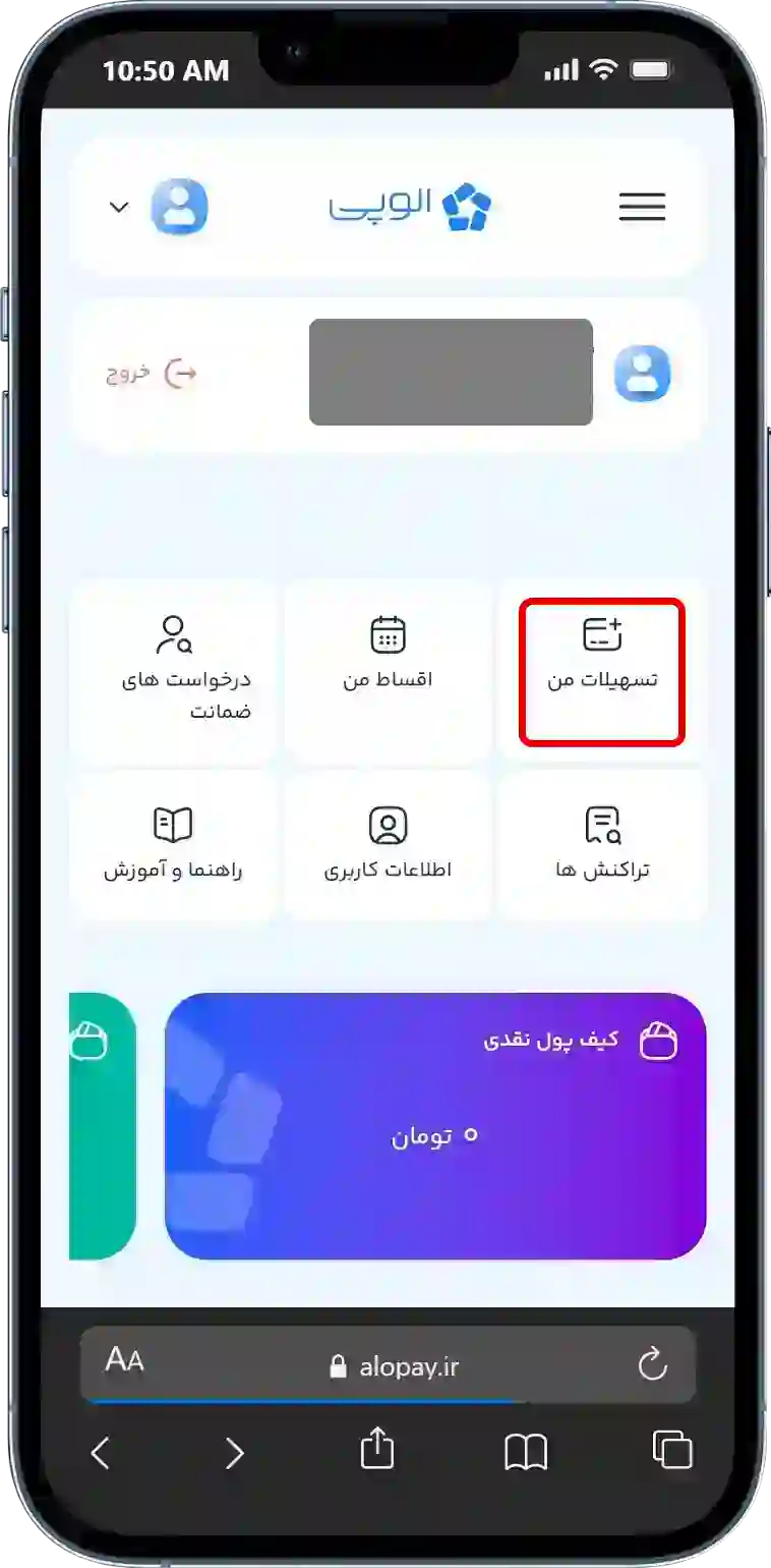انتخاب مبلغ تسهیلات الوپی